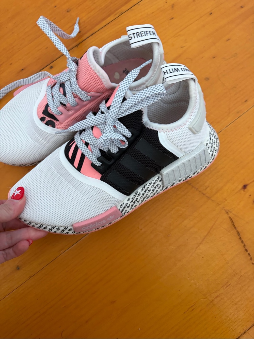 Adidas nmd pink and white sneakers sz. 5.5 youth